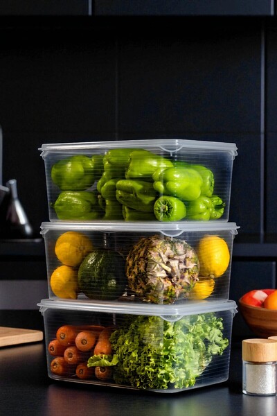 Ecolux 3 Pieces Mega Vacuum Leakproof Crisper Storage Container Set 6 Liters - Transparent - Refrigerator Organizer