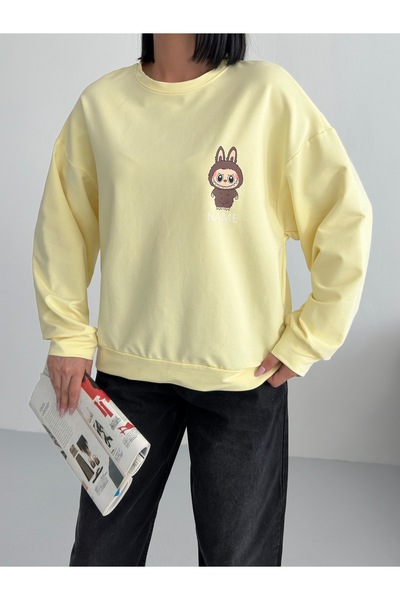 moda paketi Crew Neck Front Printed Oversize 2 Thread Sweatshirt