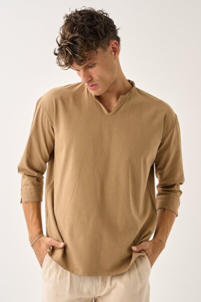 Dechers Ανδρικό πουκάμισο Fakir με λαιμόκοψη V με άνετο 100% βαμβακερό πουκάμισο E211