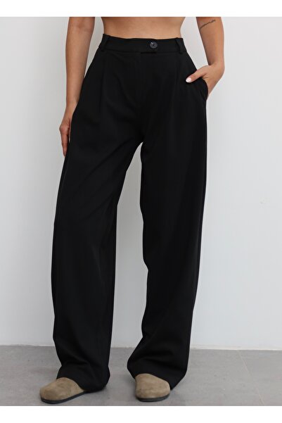 Zey Studio Pantaloni Palazzo negri cu nasturi înalți de damă