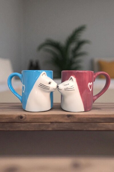 Sönmez Seramik Çift Kupası Sevgili Kediler 3d Figürlü Öpücük  - Seramik Kupalar