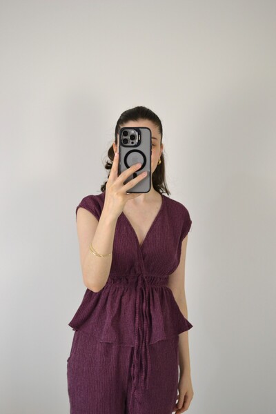 MİNNOŞŞ Women's Waist Gathered and Lace Detailed Trousers Blouse Double Set