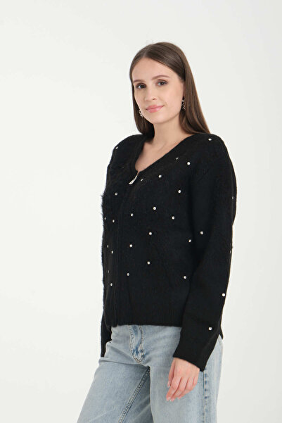 İLKCET MODA Pearl Stone Women's Stretchy Knitwear Pocket Cardigan