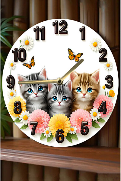 kutuTR Sevimli Kedili MDF Duvar Saati – 3D Görünümlü, 2D HD Baskı, 33 cm 3D Görünümlü sdw231