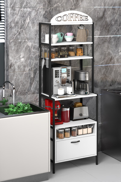 GOLDFALEZ Kahve Köşesi Metal Profil Çerçeveli Çok Amaçlı Kahve ve Mutfak Rafı Beyaz