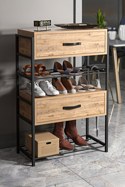 GOLDFALEZ Ayakkabılık Ahşap 2 Kapaklı Metal Raflı 4 Katlı Çok Amaçlı Atlantik...