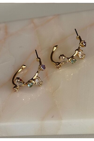 MioArt Gold Renk Renkli Zirkon Taşlı Kadın Küpe