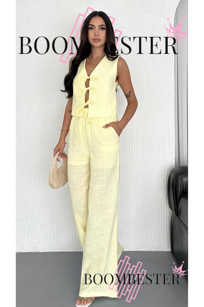 BoomBester Pantaloni palazzo din in premium pentru femei cu talie elastică - căptușiți, cu tăietură lejeră, pantaloni largi de vară