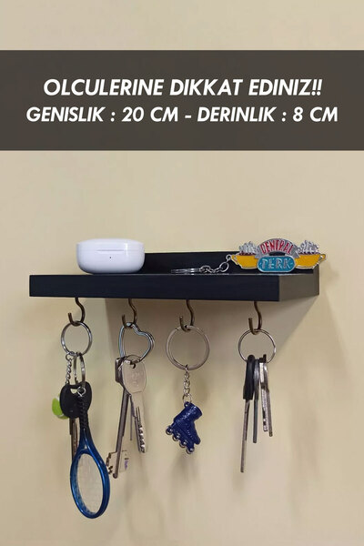 Moola Black Key Hanger, Wooden Hanger Rack, Wall Shelf, Black Key Holder Hanger with 4 Hooks - 20 X 8 cm