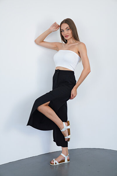 polle Черни ленен панталон с висока талия и цепка - Жени