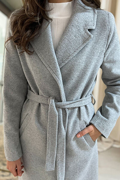 Prilika Palton lung supradimensionat pentru femei, gri, căptușit cu curea, cu...