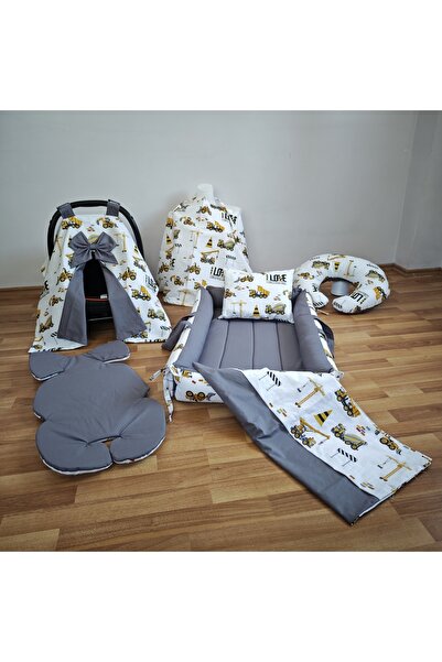 SARIYILDIZ BABYNEST Sarı Traktör Düz Antrasit Kare Yataklı 7 Parça Babynest Seti