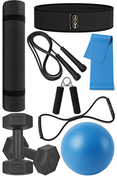 Tosima 9 Parça Pilates & Fitness Seti – 6mm Pilates Minderi, Dambıl, Atlama İpi, Pilates Topu, Lastikler