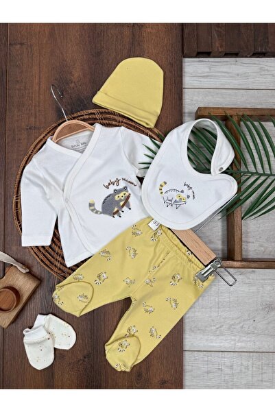 Kids Kingdom %100 Pamuk Yenidoğan Rakun Nakışlı 5li Bisiklet Yaka Erkek Bebek Hastane Çıkış Seti