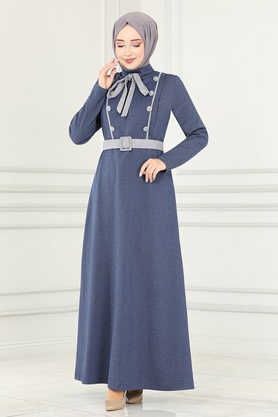ModaMerve Indigo Button Detailed Dress - Msl187