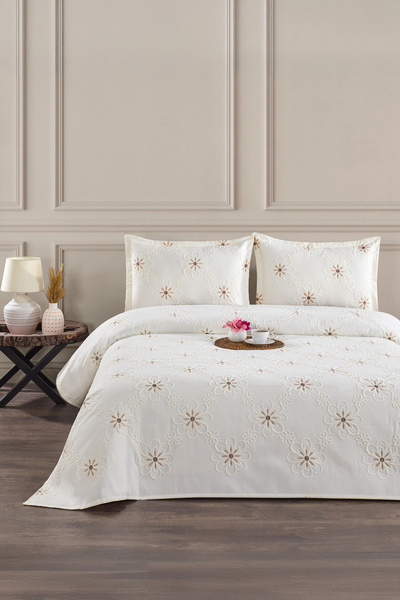 CANDAN ÇEYİZ Papatya Ecru Brown Embroidered Double Pique Coverlet 3 Piece Bedspread