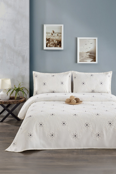CANDAN ÇEYİZ Papatya Ecru Gray Embroidered Double Pique Coverlet 3 Piece Bedspread