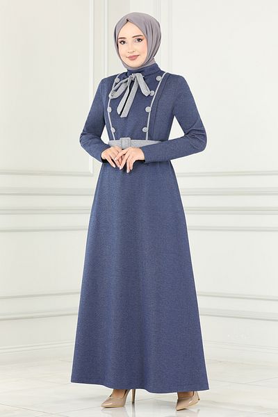 ModaMerve Indigo Button Detailed Dress - Msl187