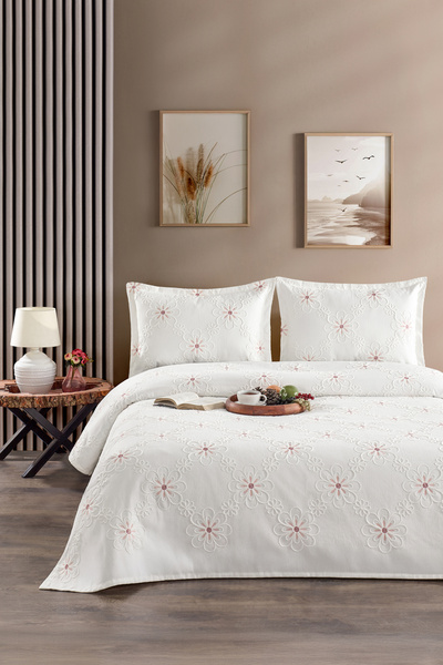 CANDAN ÇEYİZ Papatya Ecru Powder Embroidered Double Pique Coverlet 3 Piece Bedspread