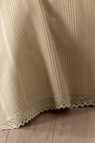 Sevim 100% Cotton Double Bed Kopanaki Lace Waffle Blanket - 210x230 cm - Beige Honeycomb Blanket