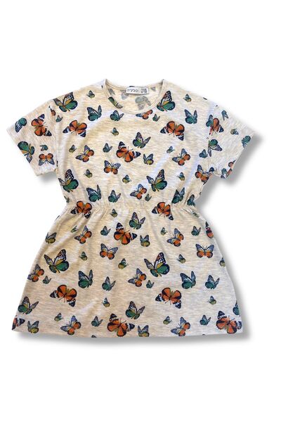 ZUZUNGA Butterfly Patterned Girl's Short Sleeve Dress with Elastic Waist