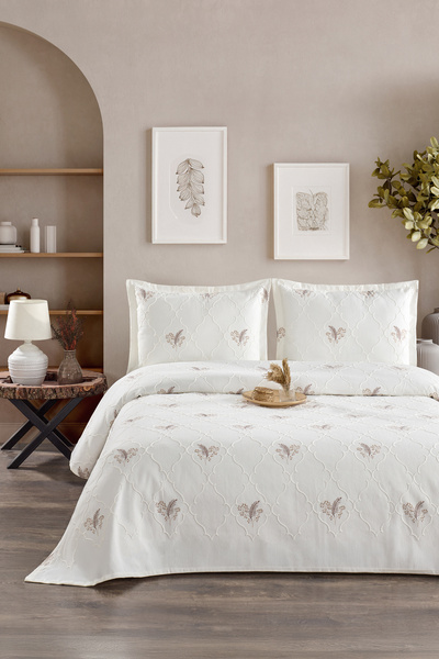 CANDAN ÇEYİZ Başak Ecru Brown Leaf Embroidered Double Pique Coverlet 3 Piece Bedspread