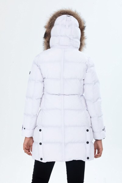 G-FOX Γυναικείο μακρύ αφαιρούμενο παλτό με κουκούλα από φυσική γούνα, ανθεκτικό στον αέρα 8658