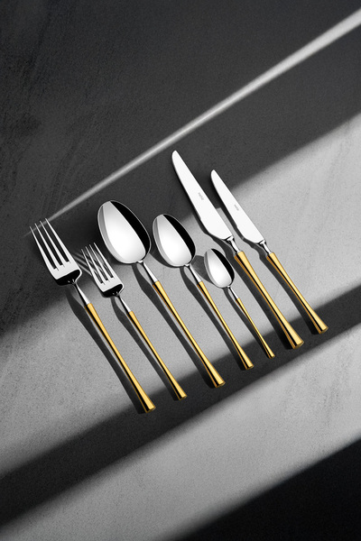 Nehir Marbella Gold Plain 12-Person 84-Piece Leather Boxed Cutlery Set