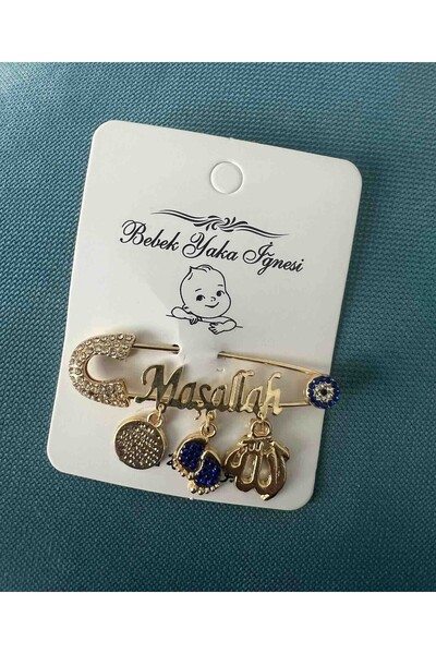 Serap Yılmaz Sahi Kaplama Maşallah Yazılı Mavi Taşlı Bebek Yaka Iğnesi 5 Cm -...