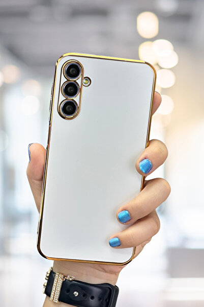 Fibaks Samsung Galaxy S24 FE Kılıf Parlak Kenarlı Altın Işlemeli Kamera Korumalı Kapak