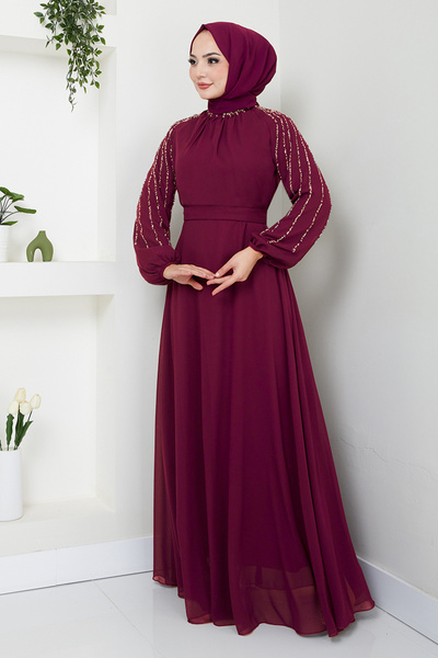 ModaMerve Plum Colored Embroidered Sleeves Evening Dress 6089Lpn909-M