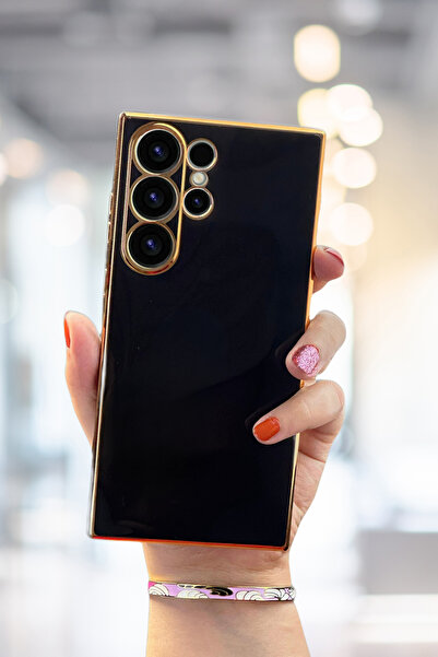 Fibaks Galaxy S24 Ultra Kılıf Parlak Kenarlı Altın İşlemeli Kamera Korumalı K...
