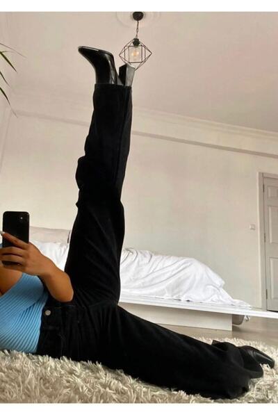 Pubi Palazzo Siyah Solmaz Yüksek Bel Esnek Bol Paça Kot Pantolon