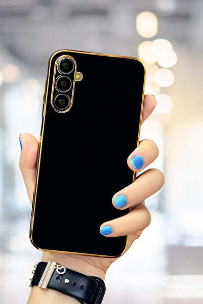 Fibaks Samsung Galaxy S21 Fe Kılıf Parlak Kenarlı Altın Işlemeli Kamera Korum...