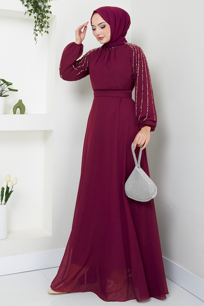 ModaMerve Plum Colored Embroidered Sleeves Evening Dress 6089Lpn909-M