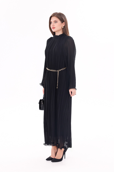 happinice Pleated Long Hijab Belt Detail Dress