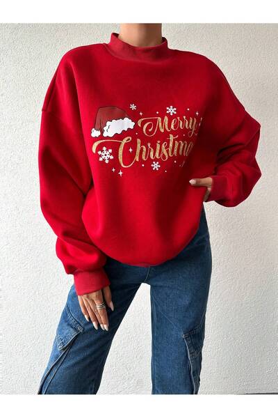 Mood Lab Πρωτοχρονιά με τύπωμα Κόκκινο oversized Φούτερ με στρογγυλή λαιμόκοψη