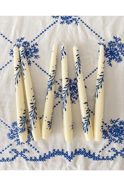 Genel Markalar Mavi Çiçek Desenli El Çizimi Handmade Şamdan Kokulu Mum