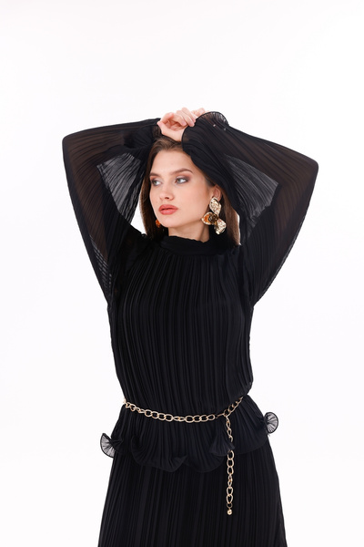 happinice Pliseli Tesettür Kemer Detay İkili Takım