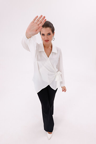 happinice Bluză din satin cu mâneci din șifon cu două rânduri de nasturi