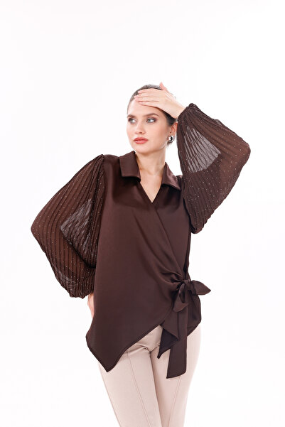 happinice بلوزة من الساتان بأكمام شيفون وربطة عنق مزدوجة الصدر