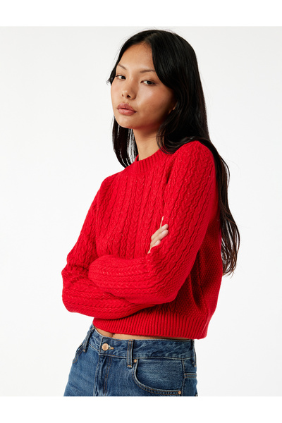 Koton Long Sleeve Crew Neck Sweater with Hair Braid Detail