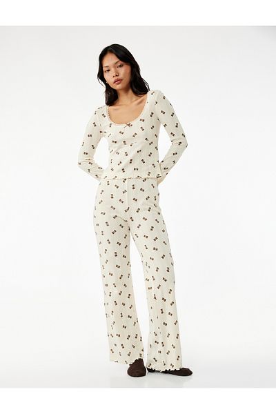 Koton Cotton Long Sleeve U Neck Teddy Bear Printed Crop Pajama Top