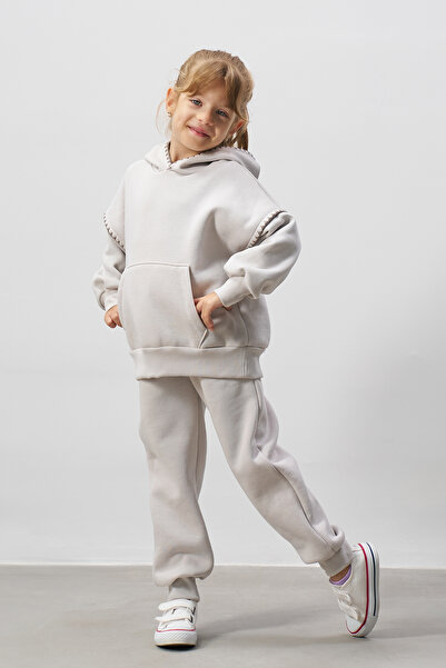 Minipodyum Sewn Detailed Hooded Girl's Bottom Top Tracksuit Set