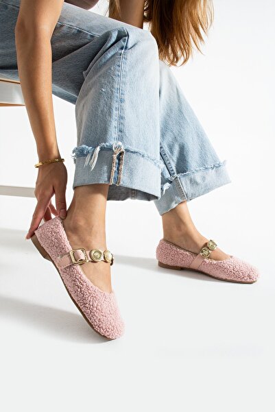 Slipcat Women's Plush Buckle Detail Flat Sole Home Ballerinas