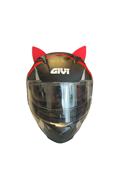 3dfabrick Kask süsü -3 lü set Kedi kulağı,kask boynuzu ve Rüzgar Tutmaz kedi kulağı sağ sol takım-kırmızı