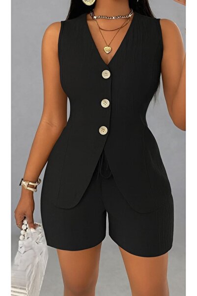 Genel Markalar Kadın Sıfır Kollu önden Düğmeli Ithal Krep Ceket Ve Short Ikili Takım