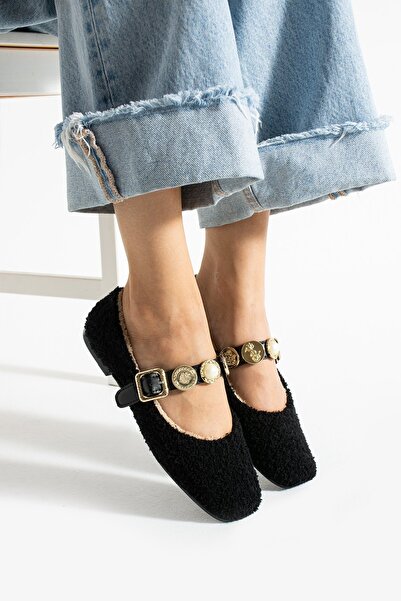 Slipcat Women's Plush Buckle Detail Flat Sole Home Ballerinas