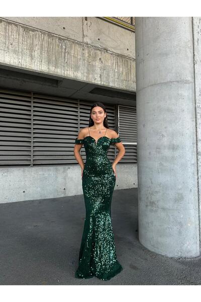 SELİN MODA EVİ Trend Band Kol Kadife Balık Elbise Zümrüt 583198