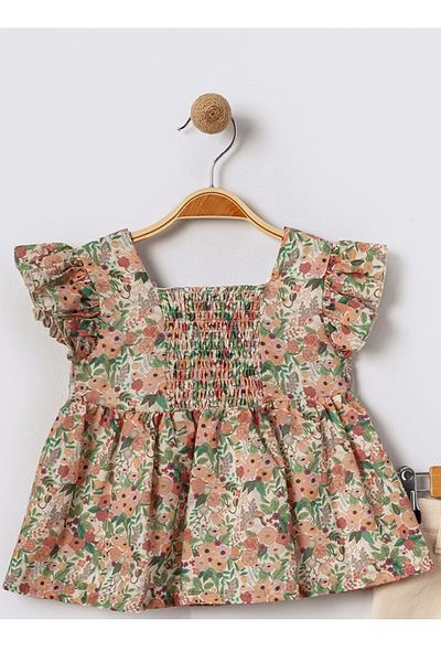 Bebüş Baby Girl Floral Print Ruffle Blouse and Cream Shorts Set of Two 15667